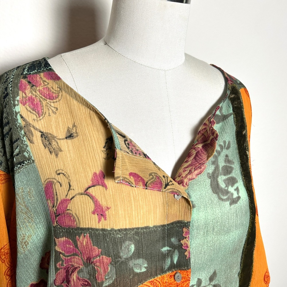 Vintage Multicolor Patchwork Velvet Chiffon Floral Paisley Shirt Women Size XL - Picture 3 of 6